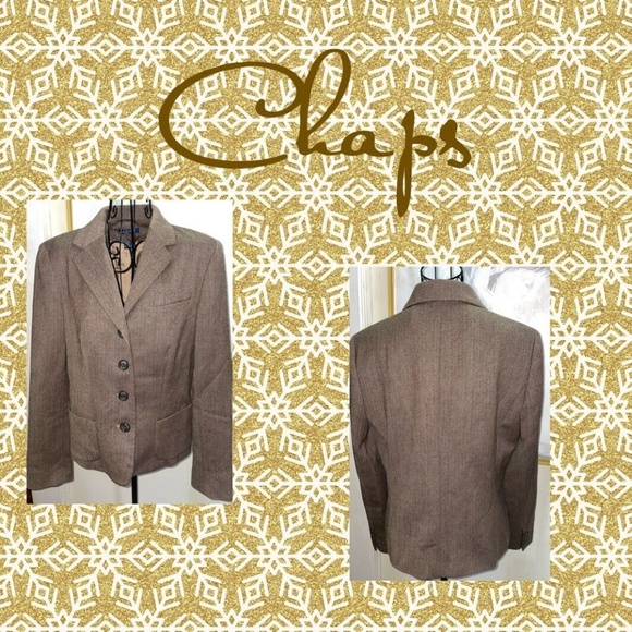 CHAPS BROWN WOOL HERRINGBONE BLAZER~BUTTON DOWN~SIZE 10 - Picture 2 of 5